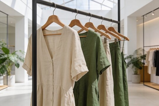 Nachhaltige Kleidung auf Holzkleiderb&uuml;geln in einem hellen Concept Store, minimalistische Mode aus Bio-Baumwolle, Eco-Fashion Verkauf