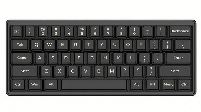 A compact black mechanical computer keyboard with a standard qwerty layout and dark keycaps
