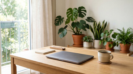 Closed laptop on wooden desk near window with houseplants and coffee cup, cozy home office workspace for remote work, productivity, and natural light interior