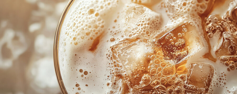 Macro iced coffee with creamy milk diffusion and ice cubes creating refreshing cold beverage with bubbles and smooth texture