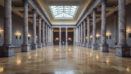 Naklejka premium Spacious hall with tall columns and a glass ceiling.