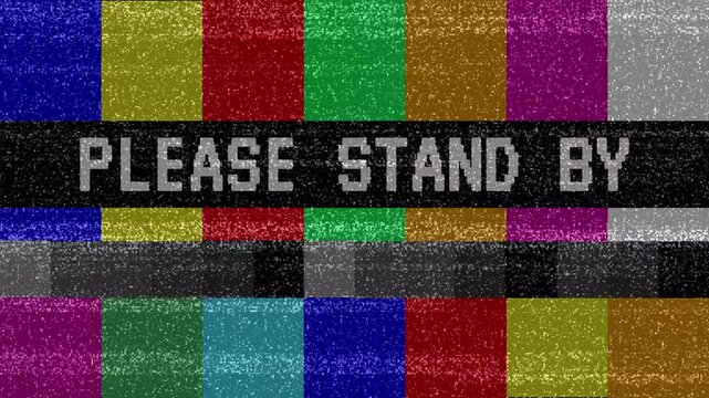PLEASE STAND BY Text on Glitch Distortion Screen with TV Color Bars, No Signal Video Damage Effect, Digital Error Motion Graphic video animation. 4K Video