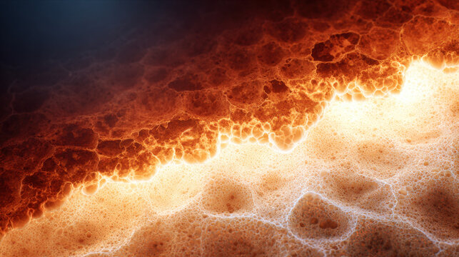 Macro abstract of glowing foamy surface with bubbles and heat gradient resembling molten liquid or chemical reaction