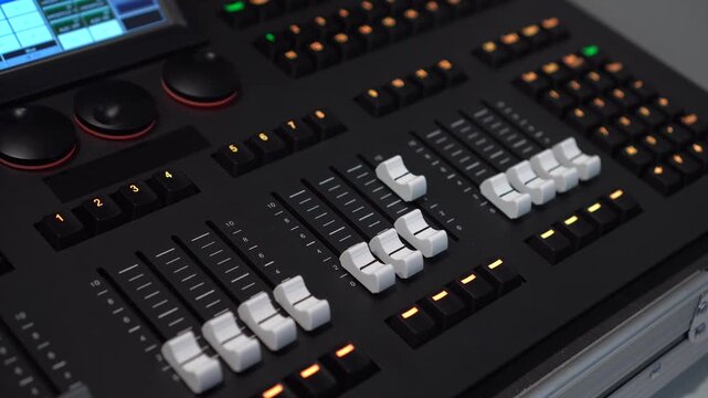 Lighting mixer buttons and faders close up with panning camera movement. 4k