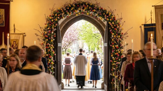 People at Easter Christian church service entering through flowered archway. Orthodox congregation participating in traditional mass. Religious ritual, community gathering and celebration.