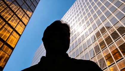 Fototapeta premium Man looking up at skyscraper with reflective windows in contrast of warm and cool facades