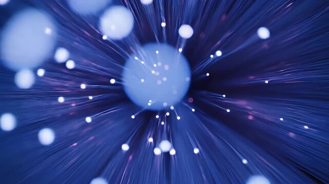 Abstract blue light strands explode outwards in a bokeh effect