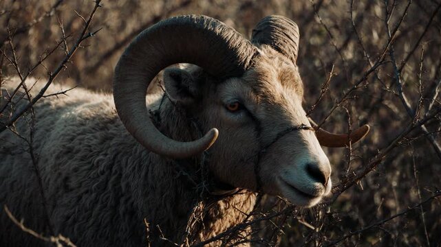 A ram with large horns caught in a thicket of thorns. Biblical story of Abraham and Isaac's sacrifice from the book of Genesis. Divine providence concept