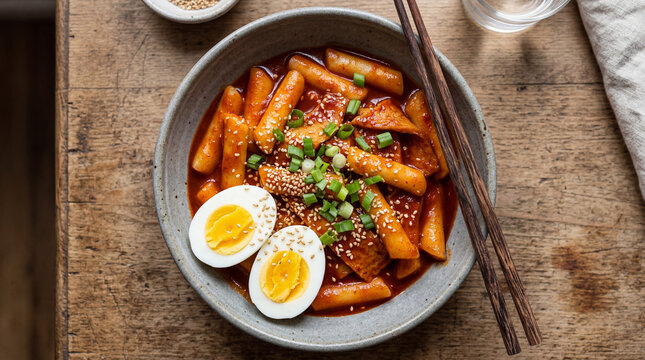 a rustic grey ceramic bowl filled with bright red tteokbokki (Korean spicy rice cakes) and hard-boiled eggs, coated in a glossy gochujang sauce. asian cuisine suitable for restaurant and cooking. 
