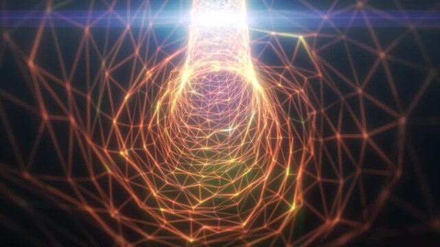 Orange polygon wireframe funnel with connected nodes and bright flare, creating a futuristic digital network tunnel with depth