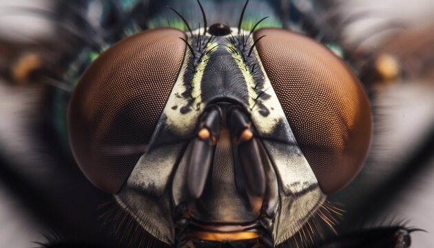 Close-up of a fly's head showing compound eyes and mouthparts.
