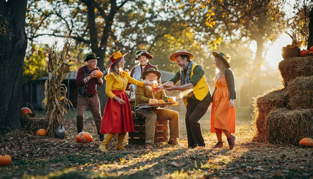 Group of people in autumn-themed outdoor setting with hay bales and pumpkins.