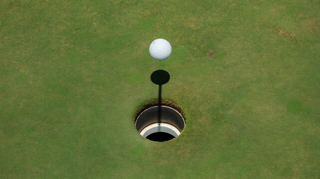 Golf ball on green grass near hole with flagstick
