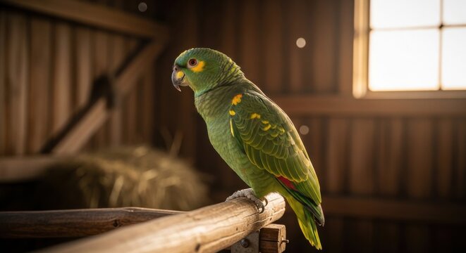 Emerald green parrot with vivid yellow markings perched on a rustic wooden beam
