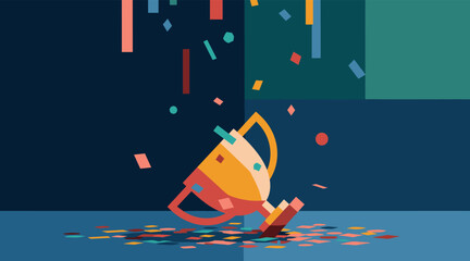 Obraz premium Golden trophy tipped over with confetti on stage floor