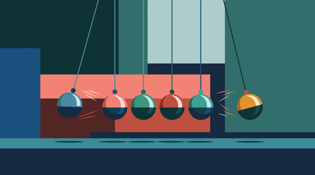 Newton cradle balls swinging showing momentum transfer on table