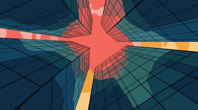 Skyscrapers converging toward sky viewed from ground level