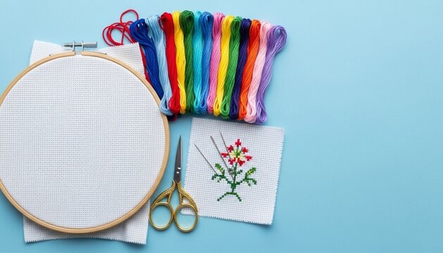Embroidery set fot cross stitching. White fabric, embroidery hoop, colorful threads, scissors and needls. On blue background. Hobbies concept with copy space.