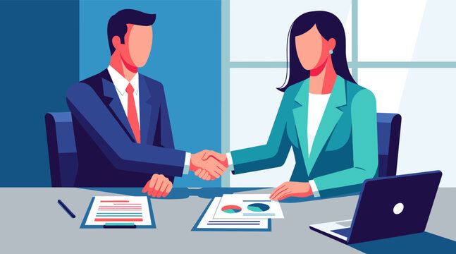 Businessman and businesswoman shaking hands at office table