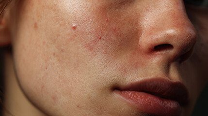 Fototapeta premium Closeup of female face with mild acne and small inflamed pimples on cheek showing natural skin texture and pores in soft lighting