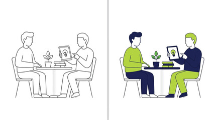 Fototapeta premium People Sitting at Table with Laptops in Modern Cafe