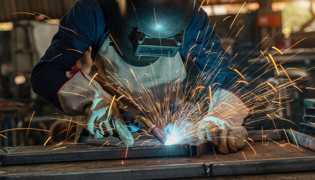 Worker welding metal with sparks flying in industrial setting.