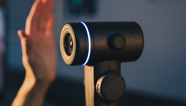 A person using a camera or sensor device with a hand gesture.