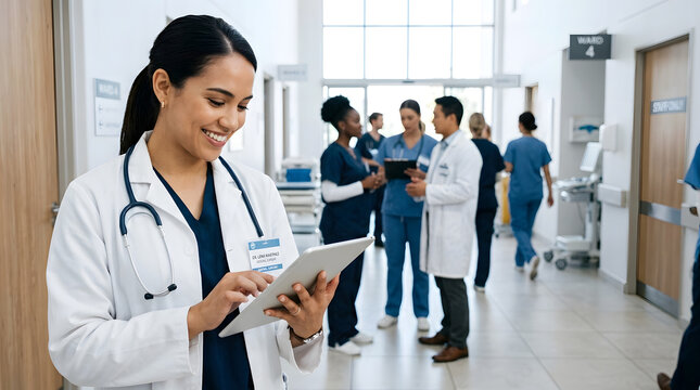 Female doctor using tablet in modern hospital corridor with medical team