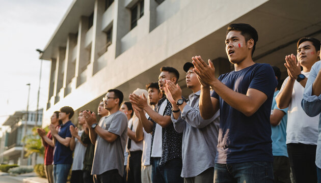 Group of young people standing outdoors, clapping and watching something.