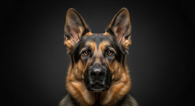 Majestic German Shepherd Dog Portrait with Alert and Focused Gaze on Dark Background