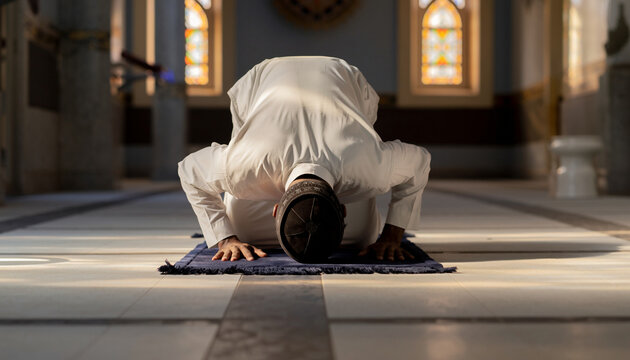 Person performing Islamic prayer in a mosque interior.