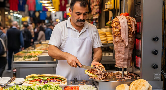 Chef preparing d?ner kebab street food in bustling market