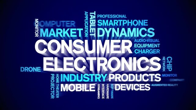 Consumer Electronics animated word cloud-gross domestic product animation tag kinetic typography seamless loop.
