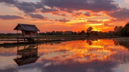 Fototapeta premium Beautiful Sunset Reflection Over Tranquil Water with Rustic Hut and Colorful Sky in Scenic Landscape of Peaceful Rice Fields at Dusk