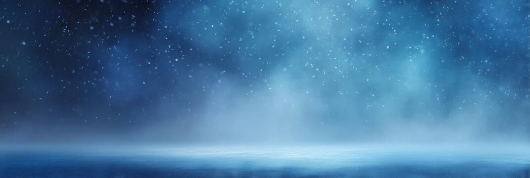 Cinematic winter background with falling snow, misty blue atmosphere, and reflective icy surface for product display or seasonal promotion