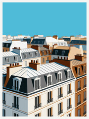 Fototapeta premium Elegant vector illustration of Paris showcasing iconic landmarks such as the Eiffel Tower, classic-style buildings, and charming street elements like cafés and lamp posts. The composition is