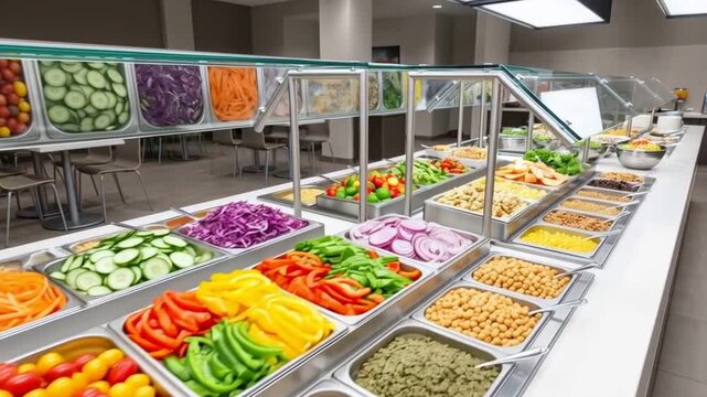 Modern Corporate Salad Bar Featuring a Diverse Selection of Fresh Vegetables, Grains, and Toppings