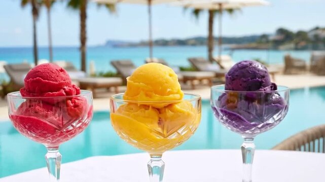 Refreshing Tropical Sorbets Served in Crystal Coupes by a Luxury Resort Poolside