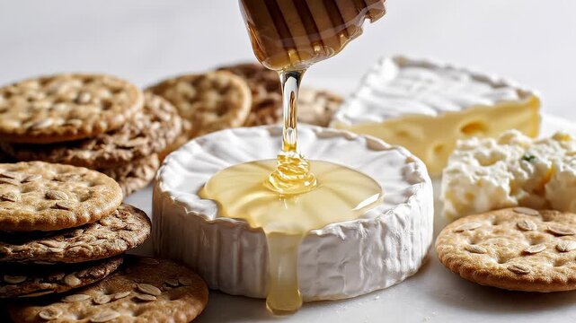 Honey Dripping Onto Brie Cheese With Crackers, Close-Up Food Graphy
