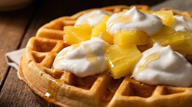 Belgian Waffle with Whipped Cream, Pineapple Chunks, and Honey Drizzle.