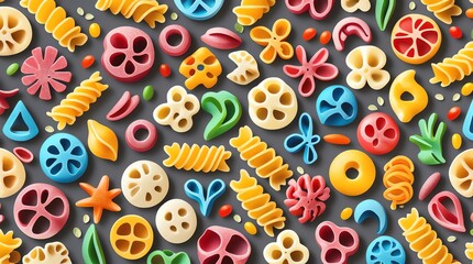 Fototapeta premium Colorful and Diverse Pasta Shapes Arranged on a Flat Surface.