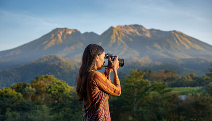 Obraz premium A woman takes a photo of mountains with a camera in a natural landscape.