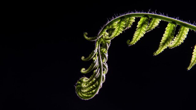 Cyathea genus growing, extending coils. Macro close up back lit copy space, black background.