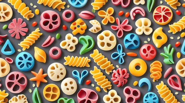 Colorful and Diverse Pasta Shapes Arranged on a Flat Surface.
