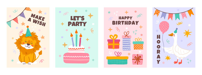 Obraz premium Set of Birthday greeting card with cute animals, cake and candles. Lion, goose with colorful confetti. Vector illustration