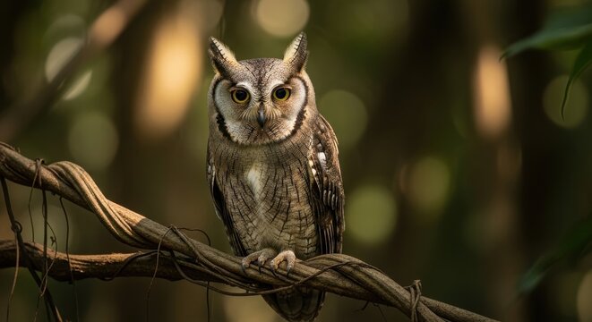 Wise White-Faced Scops Owl Perched on a Branch in a Verdant Forest