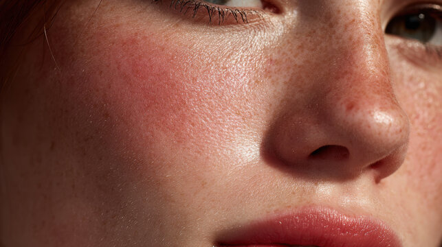 Closeup of human face with redness rosacea and irritated skin texture showing sensitive dermatology condition and healthcare concept