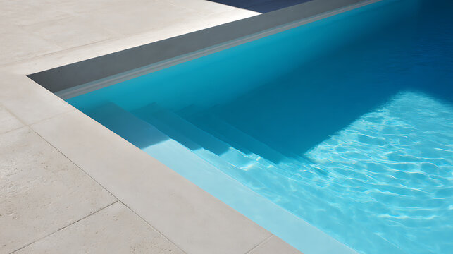 Clear Blue Water in Modern Swimming Pool with Steps and Clean White Tile Surround on a Sunny Day, Perfect for Relaxation and Vacation