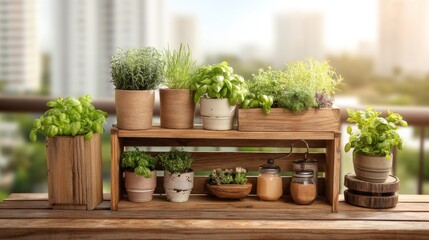 Fototapeta premium Fresh Green Herbs in Pots on Wooden Shelf with Soft Natural Light and Urban Background for Home Gardening Inspiration and Decor Ideas