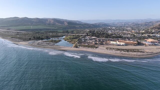 Ventura, California, City Town Coastal view of with ocean waves along the Pacific shoreline. Scenic Southern California beach.